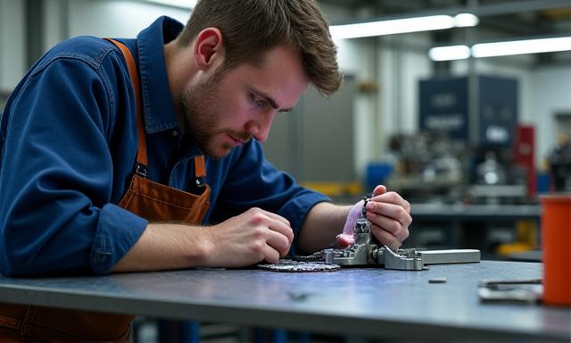 Metallbauer fertigt ein komplexes Metallteil in einer Werkstatt