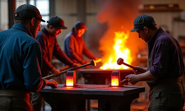 Teilnehmer bei einem Schmiedekurs, arbeiten mit Hammer und Amboss