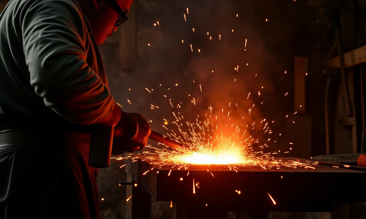 Funken sprühende Schmiede bei der Arbeit, glühendes Metall