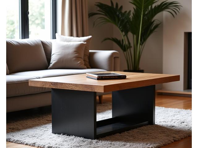 Couchtisch im Industrial-Stil mit Metallgestell und Holzplatte in modernem Wohnzimmer